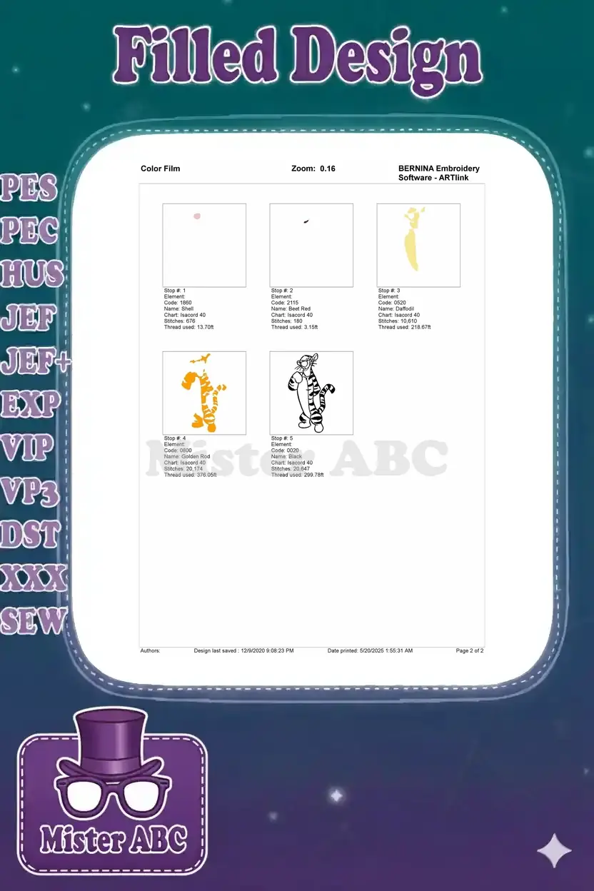 Color film breakdown for the Tigger embroidery, showing each color stop and thread usage step-by-step.