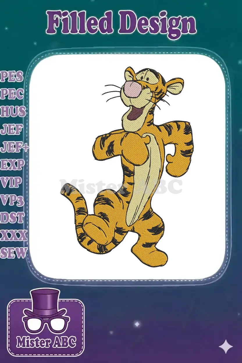 Vibrant embroidery of Tigger bouncing happily, showcasing detailed fill stitches and bold outlines on a white background.