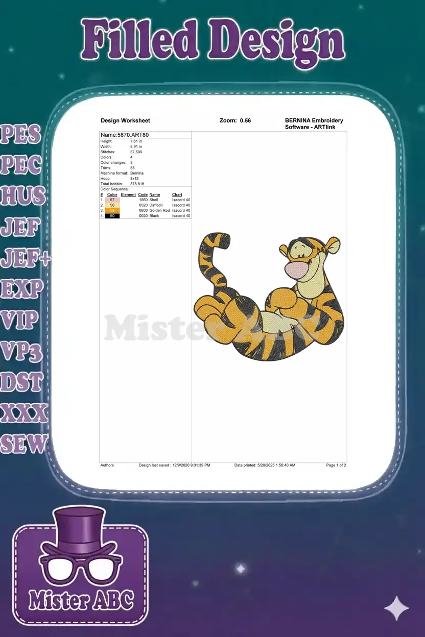Embroidery design worksheet for Tigger, showing dimensions, stitch count, color sequence, and machine info.