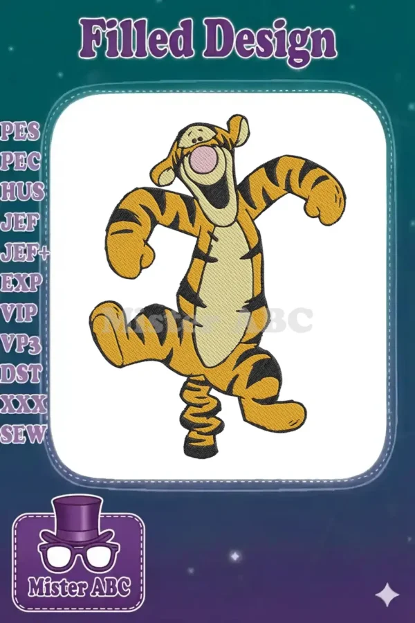A lively embroidery design of Tigger from Winnie the Pooh, captured mid-bounce with vibrant orange and black stripes.