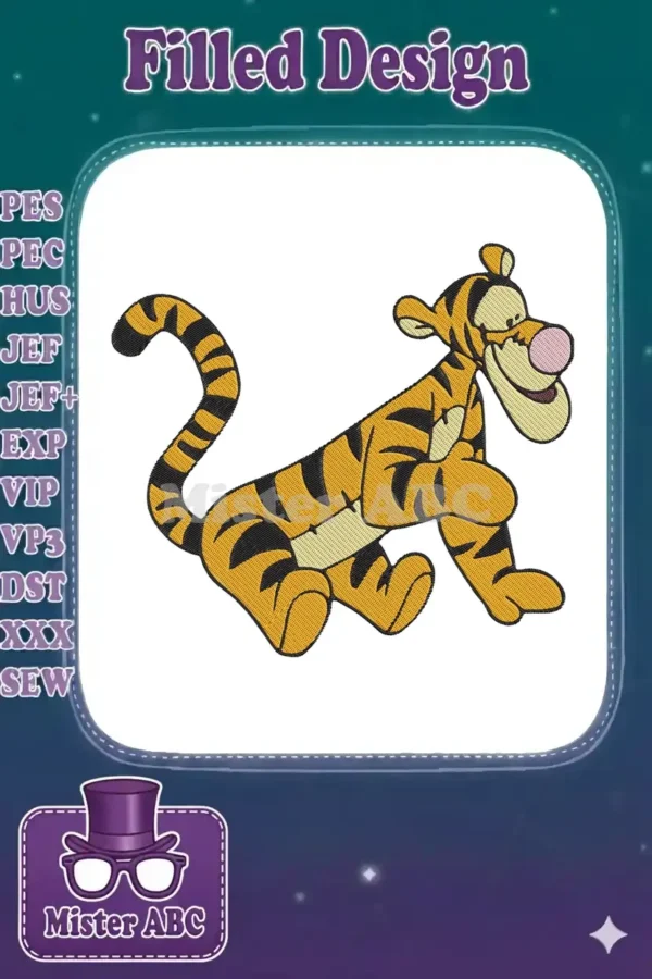 A lively embroidery design of Tigger from Winnie the Pooh, bouncing with a wide smile, featuring vibrant orange and black stripes.