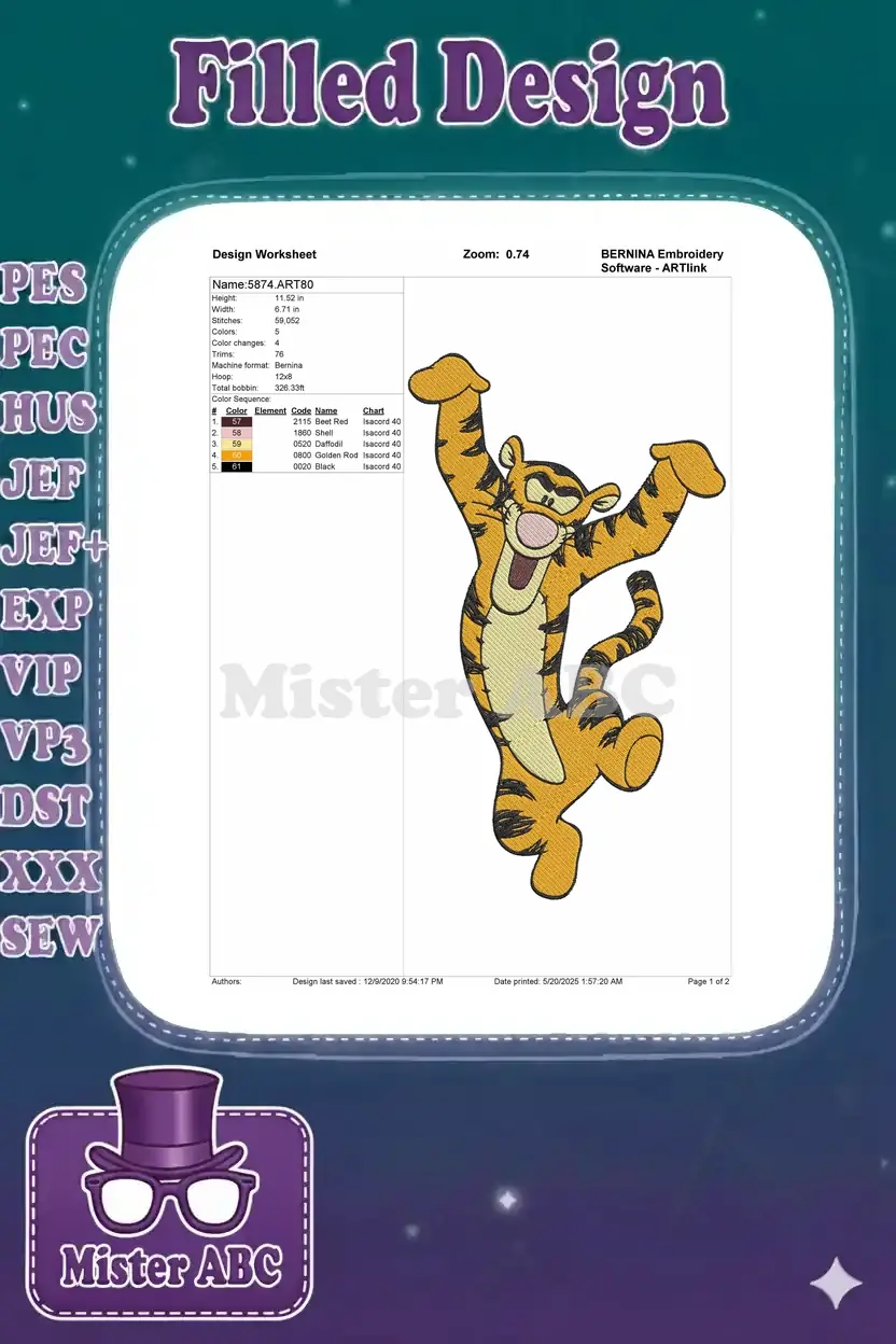 Detailed embroidery design worksheet for Tigger, showing dimensions, stitch count, color sequence, and thread types.