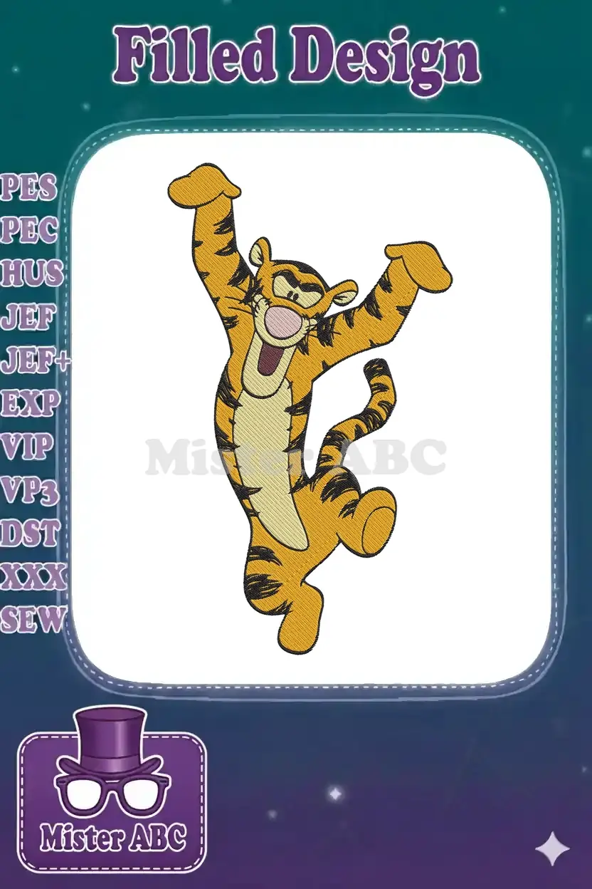 Vibrant embroidery of Tigger from Winnie the Pooh, mid-bounce with arms raised, showcasing playful energy and detail.