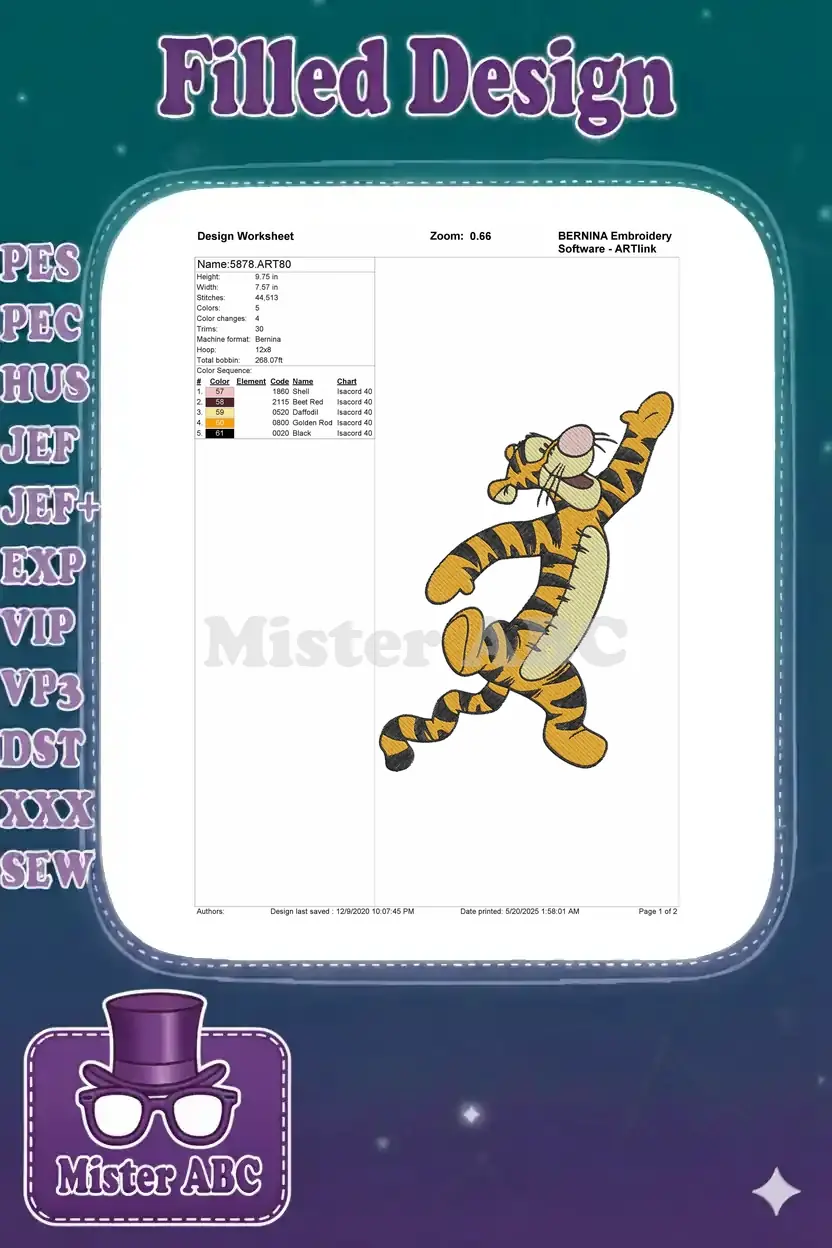 Embroidery design worksheet for Tigger, showing dimensions, color sequence, stitch count, and machine compatibility.