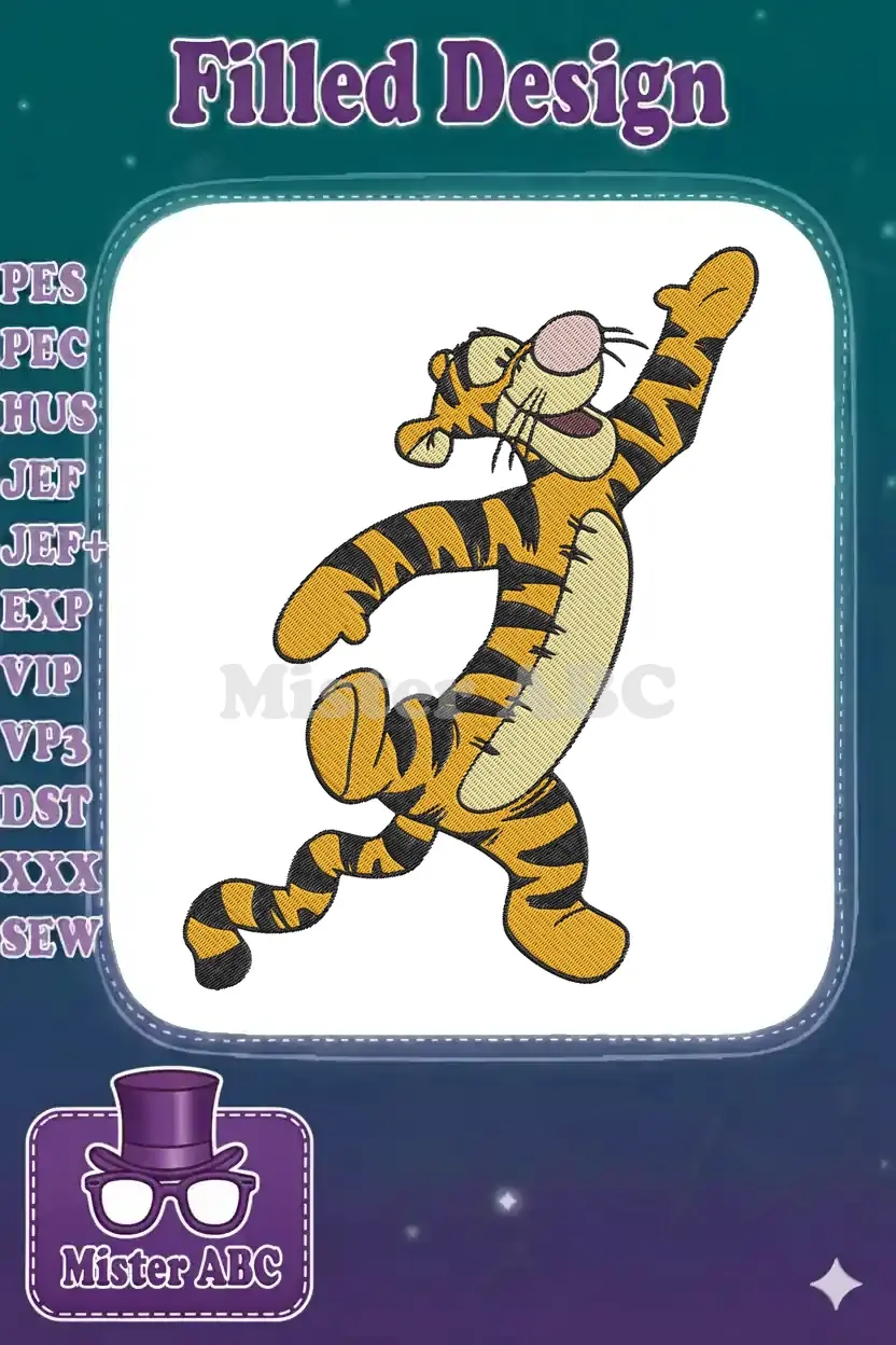 A vibrant embroidery of Tigger from Winnie the Pooh, mid-bounce, featuring his iconic orange and black stripes.
