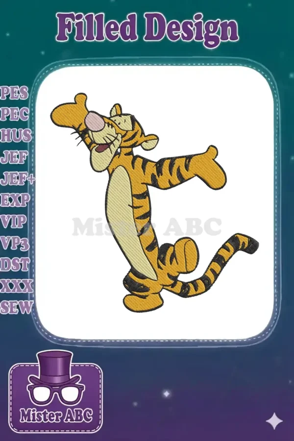 Vibrant embroidery of Tigger from Winnie the Pooh, mid-bounce, cheerful expression, outstretched arms.