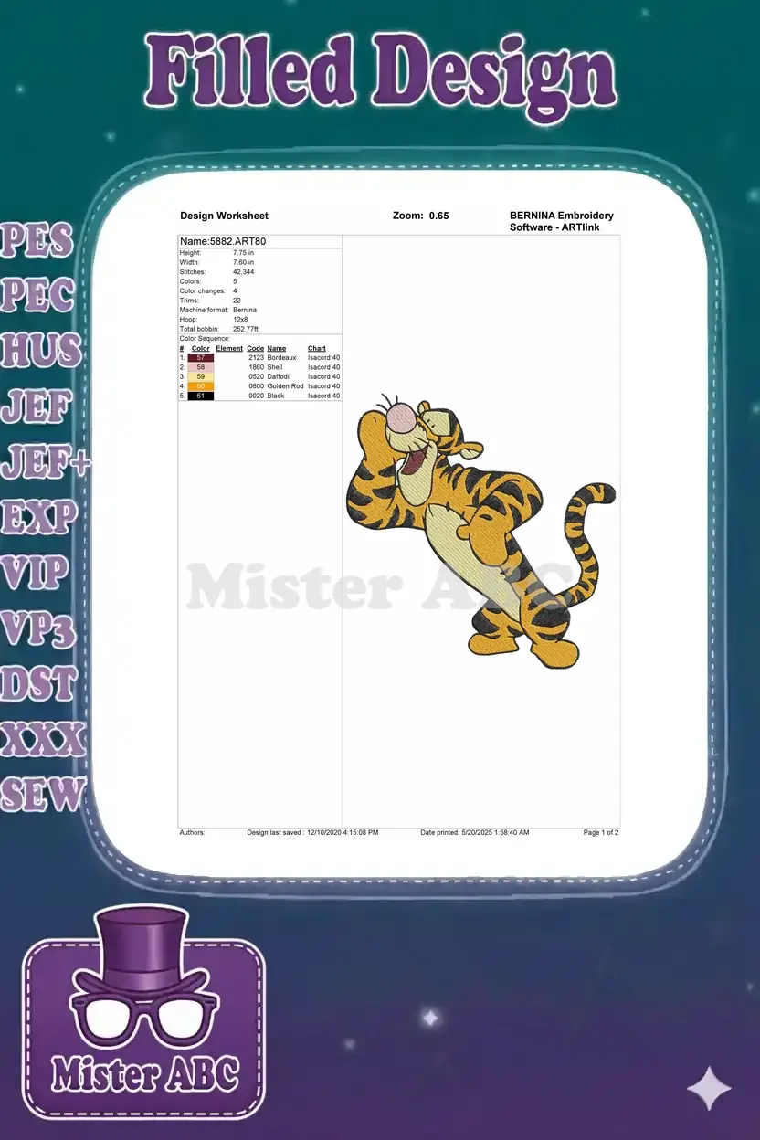 Embroidery design worksheet for Tigger, showing dimensions, stitch count, color sequence, and machine info.