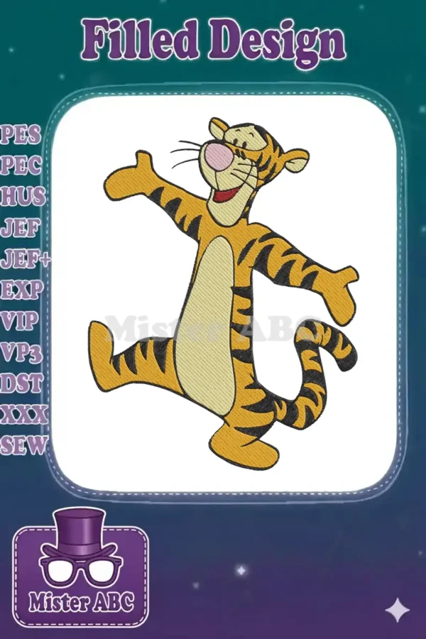 A vibrant embroidery of Tigger from Winnie the Pooh, captured mid-bounce with a joyful expression and detailed stripes.
