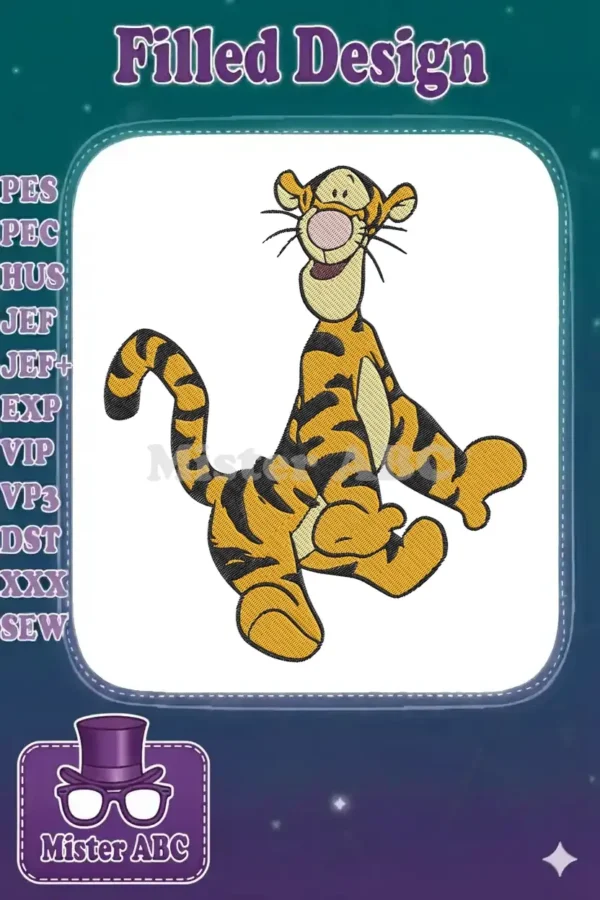A vibrant embroidery design of Tigger from Winnie the Pooh, featuring his iconic orange and black stripes.