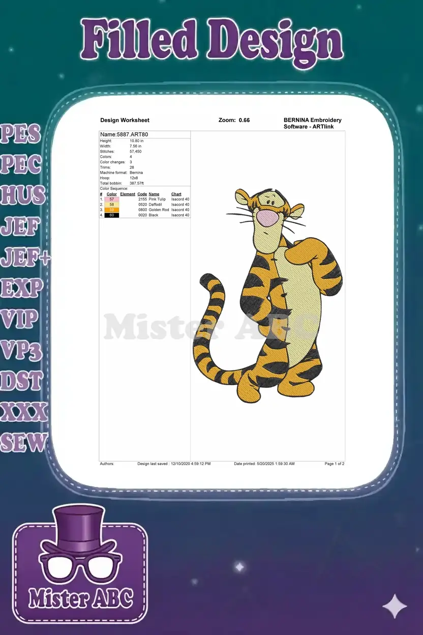 An embroidery design worksheet for Tigger, detailing stitch count, dimensions, color sequence, and machine format.