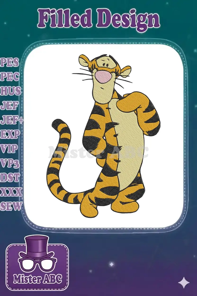 A detailed embroidery design of Tigger from Winnie the Pooh, showcasing his signature stripes and cheerful pose.