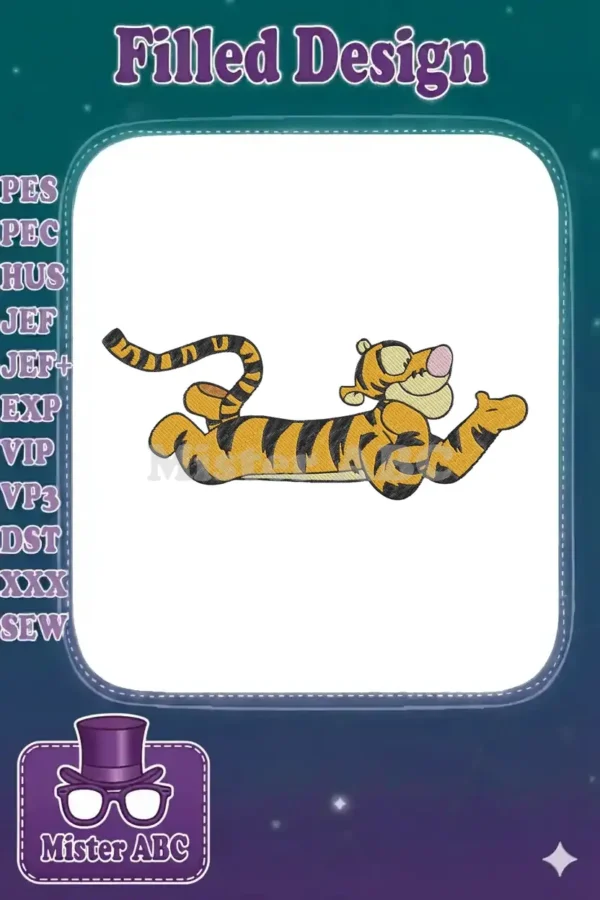 A charming embroidery design of Tigger from Winnie the Pooh, showcasing his iconic orange and black stripes.