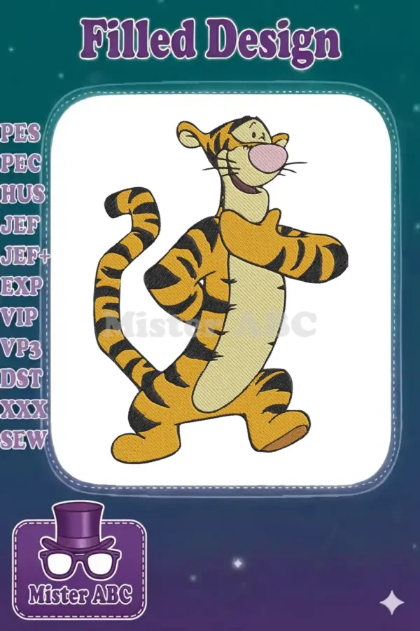 A vibrant embroidery of Tigger from Winnie the Pooh, bouncing playfully with a wide smile and classic stripes.