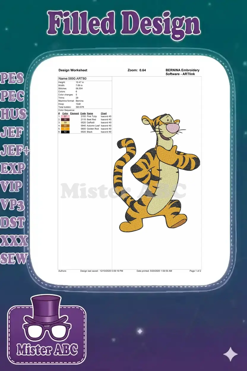 Detailed embroidery design worksheet for Tigger, showing dimensions, stitch count, color sequence, and machine info.