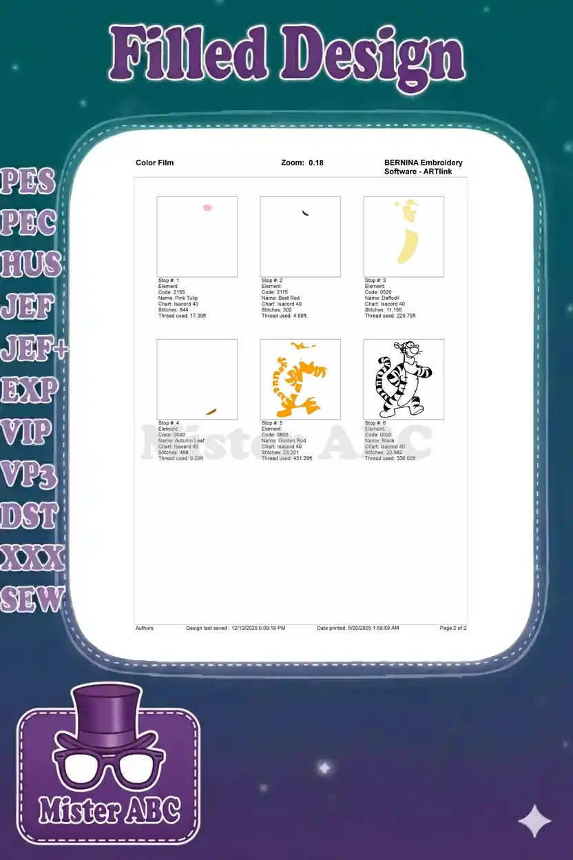 Embroidery color film showing the stitch-out sequence for the Tigger design, detailing each color step and thread usage.