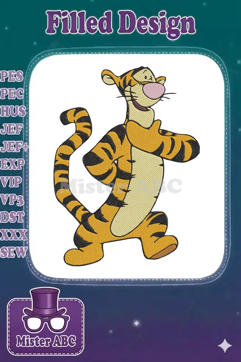 A vibrant embroidery of Tigger from Winnie the Pooh, bouncing playfully with a wide smile and classic stripes.