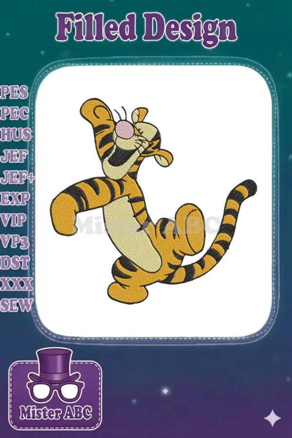 A vibrant embroidery design of Tigger from Winnie the Pooh, mid-bounce, with his signature orange and black stripes.