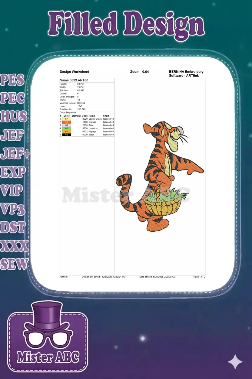 Embroidery design worksheet for Tigger with Easter basket, showing dimensions, stitch count, color sequence, and thread details.