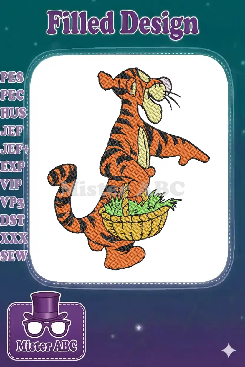 Vibrant Tigger embroidery design, featuring the beloved character from Winnie the Pooh holding an Easter basket filled with green grass.