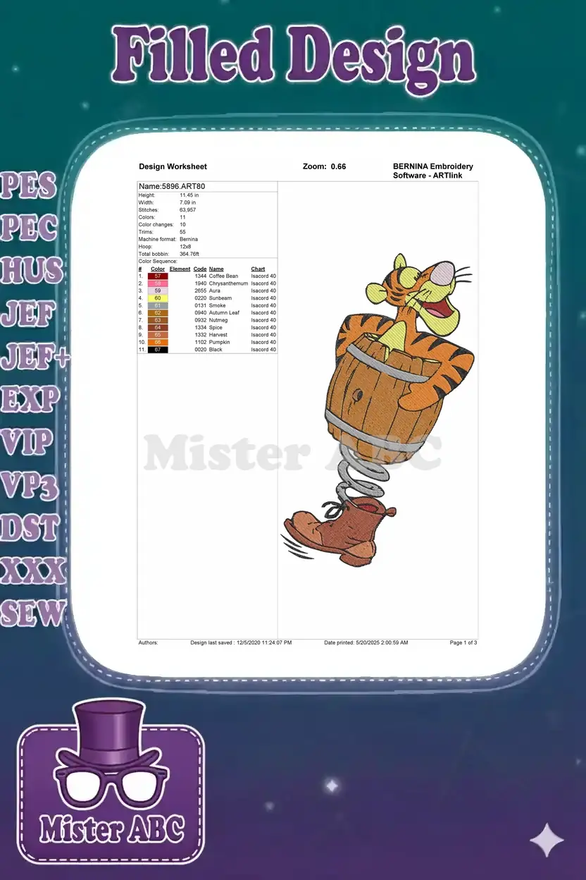Embroidery design worksheet for Tigger, detailing dimensions, stitch count, colors, and thread codes.