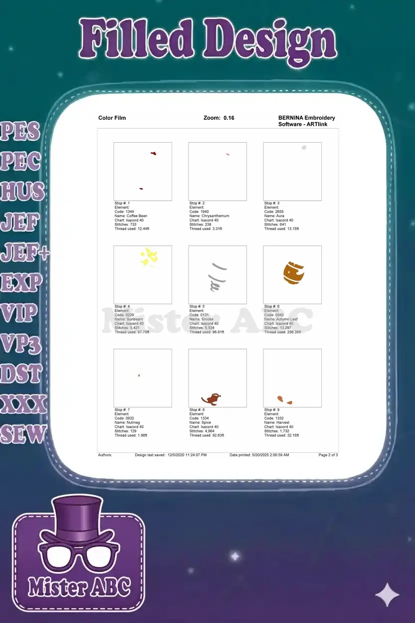 First page of the color film, showing initial stitch stops and thread usage for the Tigger design.