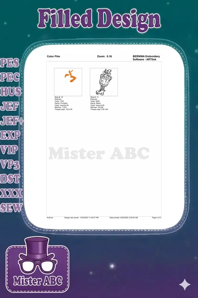 Second page of the color film, completing the stitch stops and thread usage for the Tigger design.