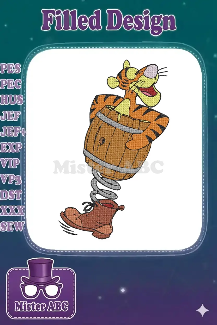 Detailed Tigger embroidery design, showing him playfully balancing a honey pot on a spring-loaded shoe.