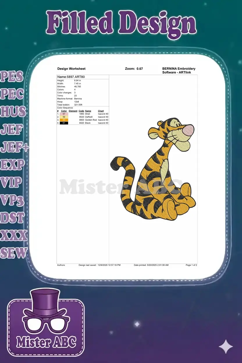 A comprehensive design worksheet displaying embroidery details for Tigger, including dimensions, stitch count, and color sequence.