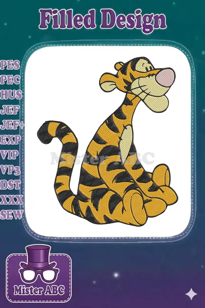A vibrant embroidery design of Tigger, the playful tiger from Winnie the Pooh, sitting with a cheerful expression.