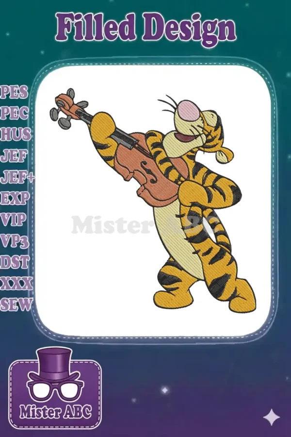 Tigger from Winnie the Pooh, full of bounce, playing a violin in a vibrant, detailed embroidery design.