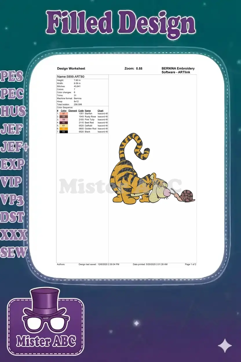 Embroidery design worksheet for Tigger and snail, detailing dimensions, stitch count, and color sequence.