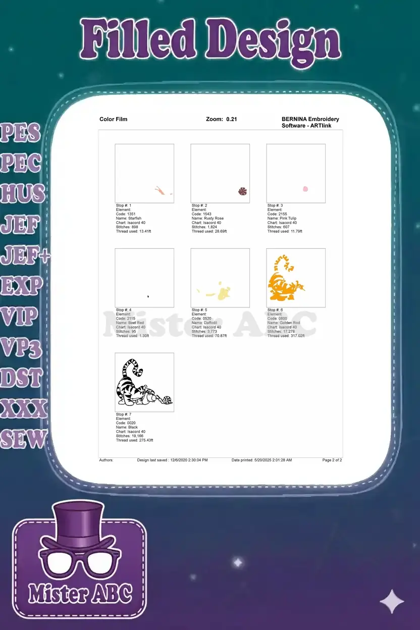 Color film breakdown showing the stitching sequence and thread usage for the Tigger and snail embroidery design.