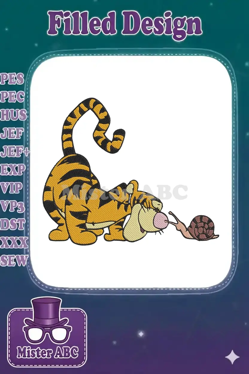 High-quality embroidery design featuring Tigger from Winnie the Pooh playfully interacting with a small snail.