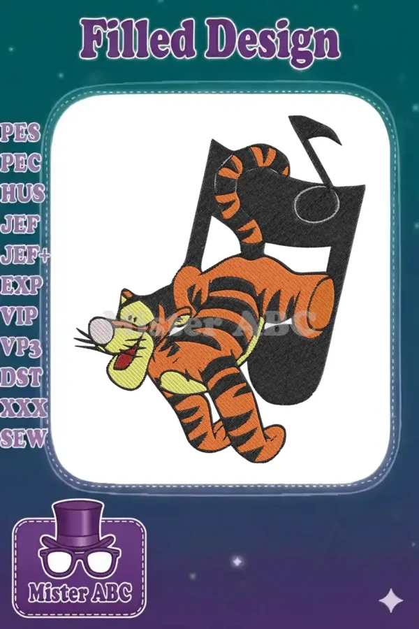 Vibrant Tigger embroidery design bouncing playfully with a large black musical note, perfect for cheerful projects.