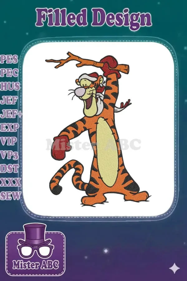 A detailed embroidery design of Tigger wearing a Santa hat and red mittens, joyfully holding a stick.
