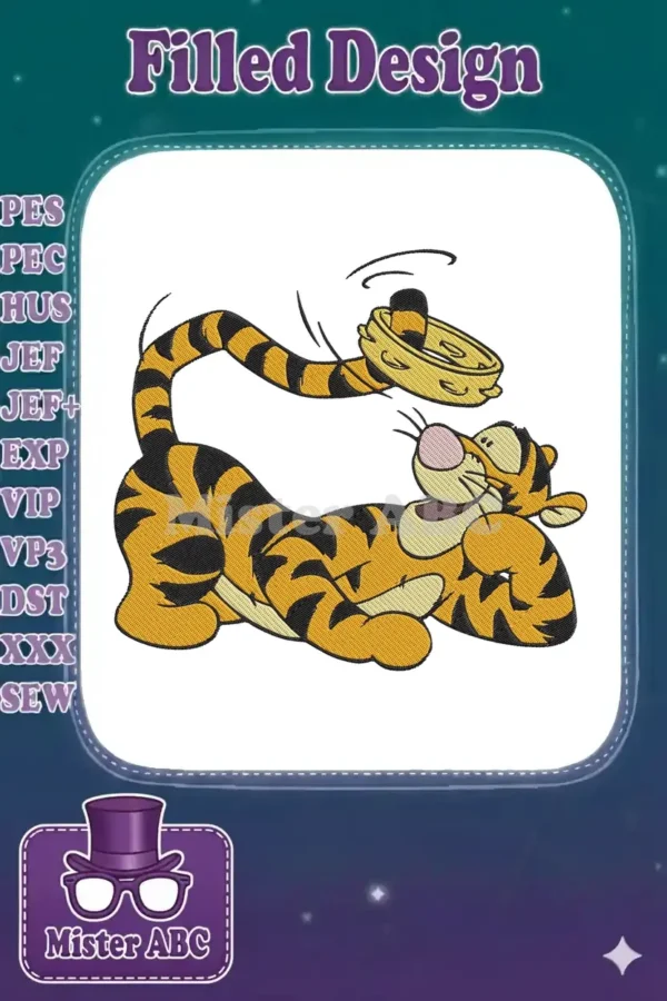Vibrant embroidery design of Tigger from Winnie the Pooh, joyfully bouncing and playing a yellow tambourine.