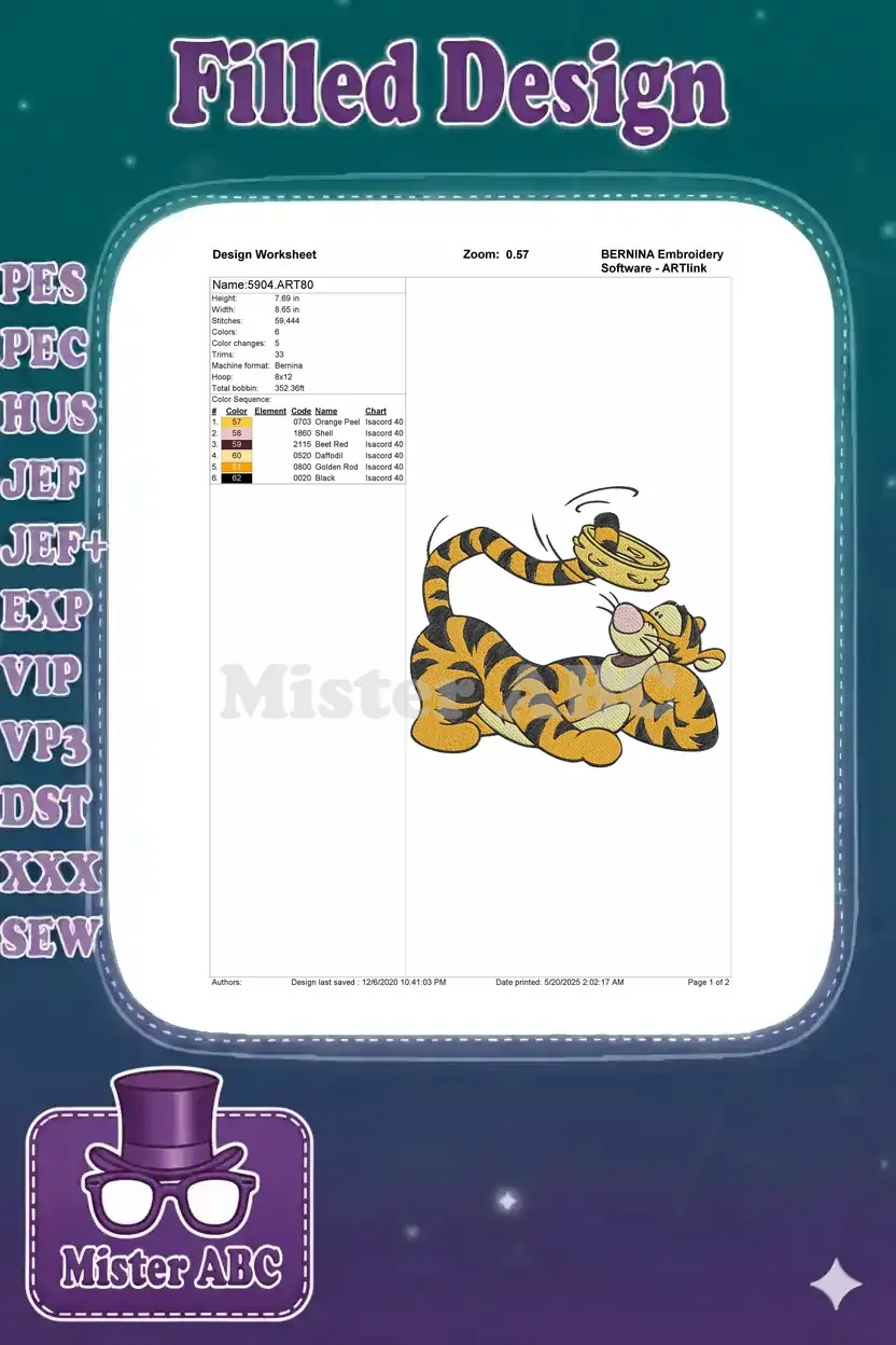 BERNINA ARTLink design worksheet displaying Tigger embroidery details, color chart, and stitch count.