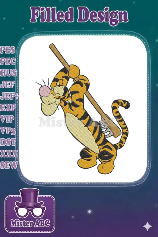 Vibrant Tigger embroidery design, showcasing the beloved character from Winnie the Pooh holding a baseball bat, ready to play.