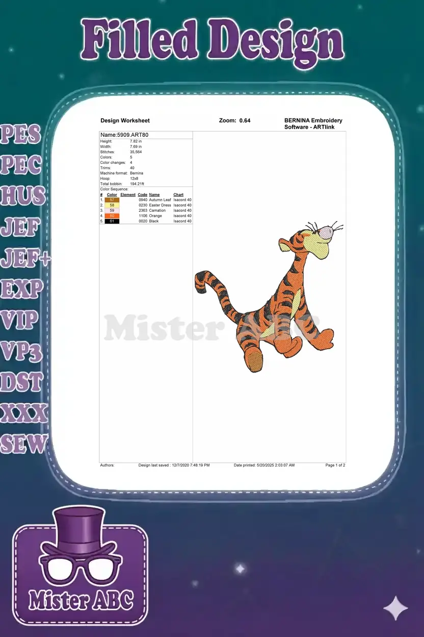 Detailed embroidery design worksheet for Tigger, showing dimensions, stitch count, and color sequence.