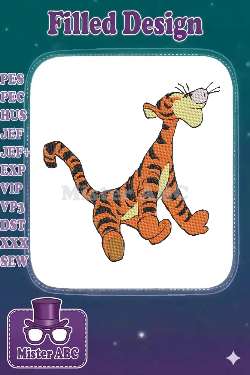 Vibrant Tigger embroidery design, showcasing the beloved character in a playful, bouncing pose. Perfect for fans.