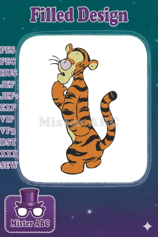 Full-body embroidery design of Tigger from Winnie the Pooh, standing upright with a thoughtful expression.