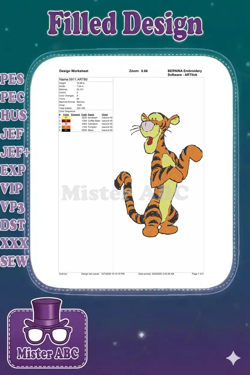 Detailed embroidery design worksheet for Tigger, showing dimensions, stitch count, color sequence, and machine info.