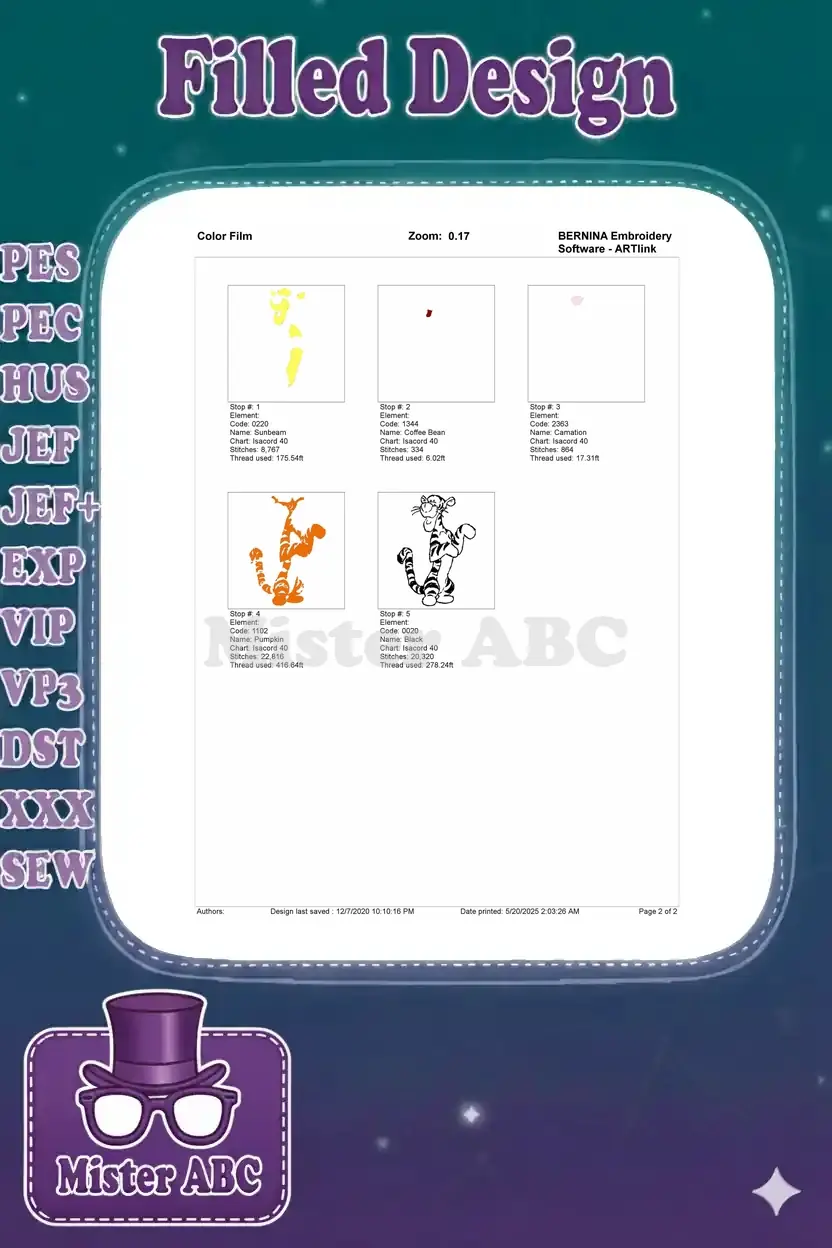 Visual color film showing the step-by-step embroidery sequence for the Tigger design, detailing each color layer.