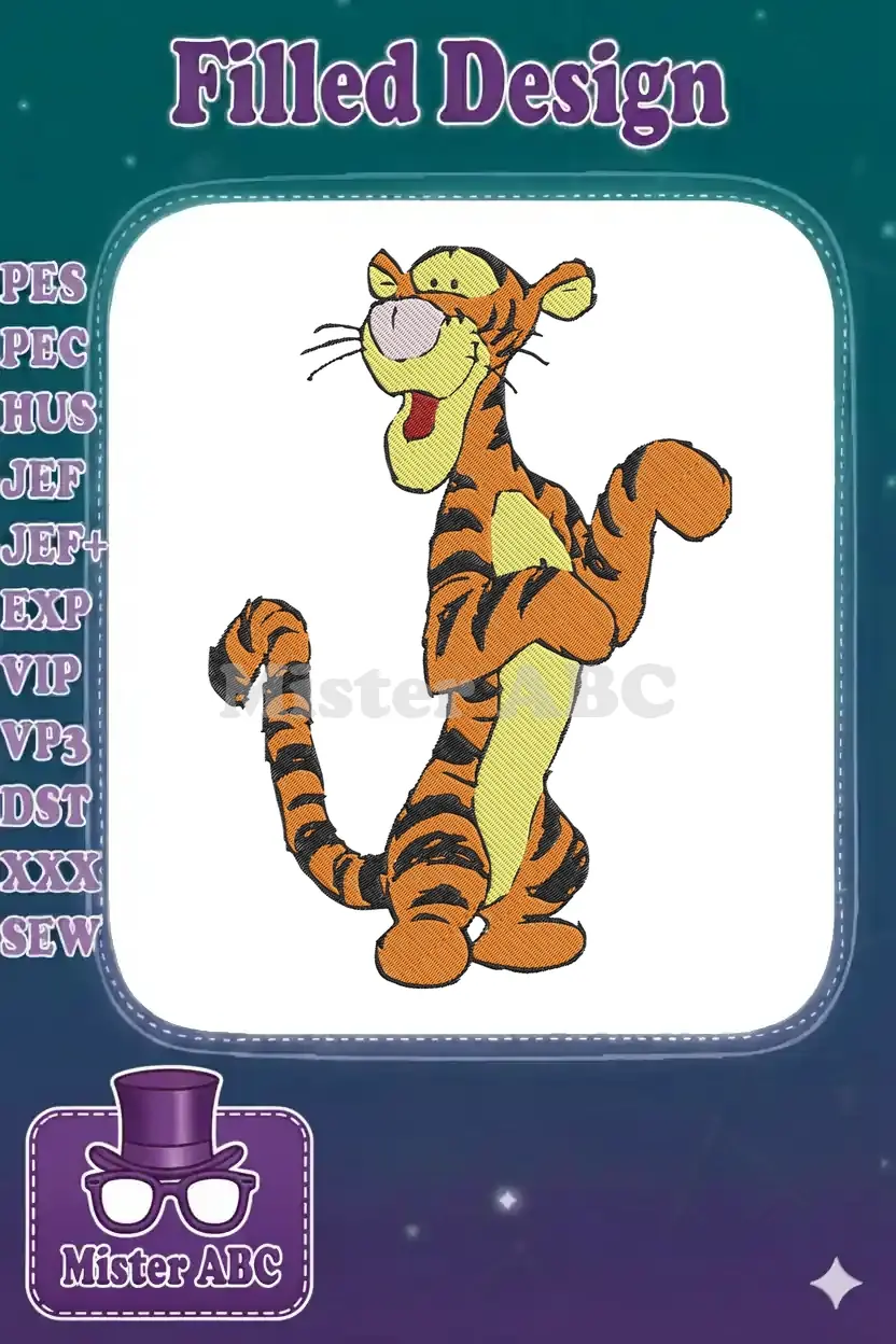 A vibrant embroidery design featuring Tigger, from Winnie the Pooh, standing joyfully with his signature bounce.