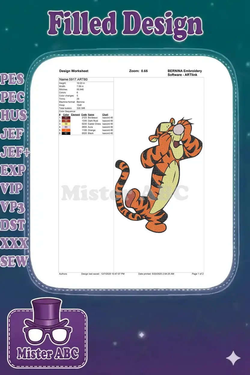 Embroidery design worksheet for Tigger, detailing dimensions, stitch count, color sequence, and thread codes.
