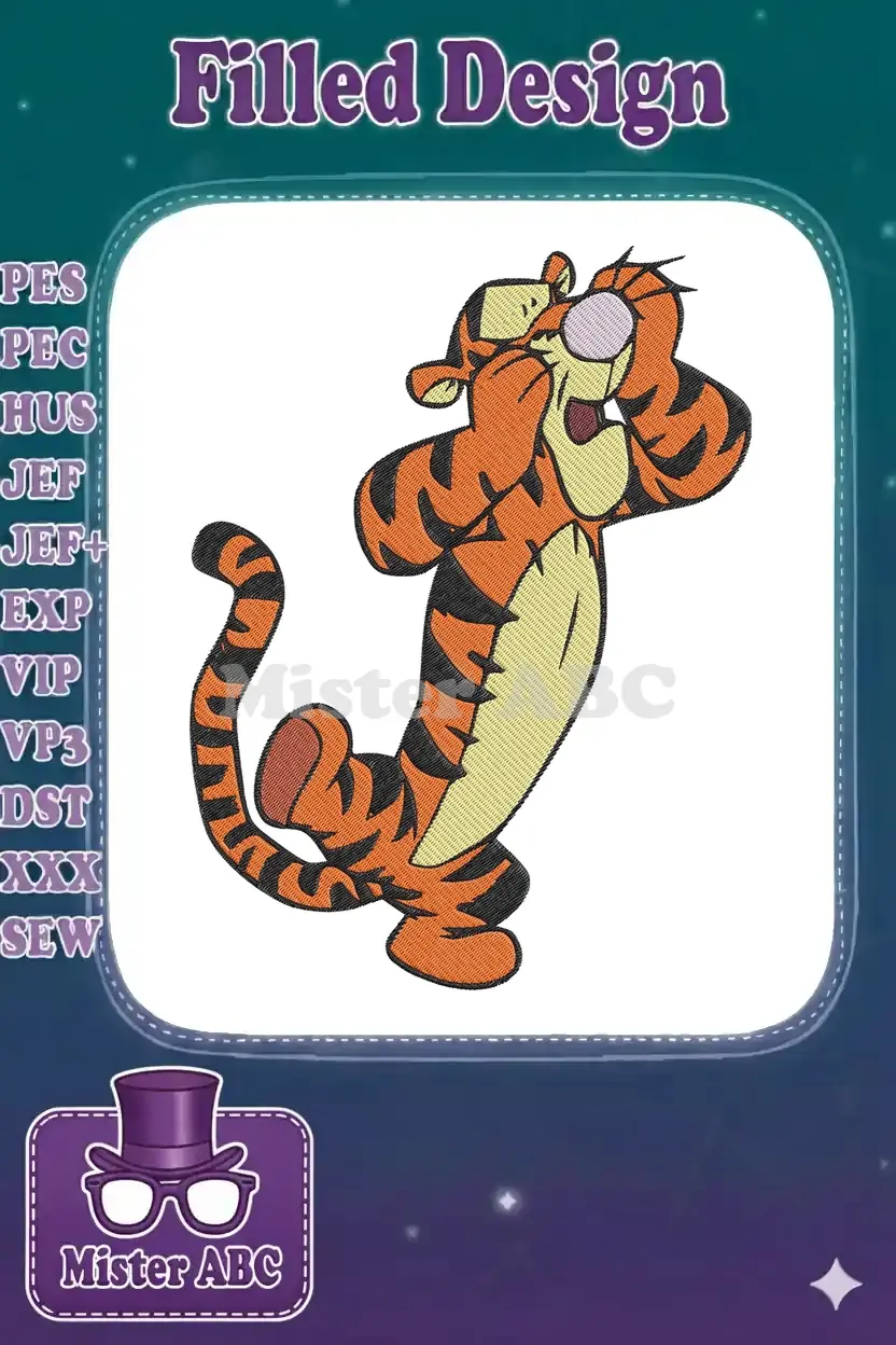 Tigger embroidery design in a playful stretching pose, showing vibrant orange, black, and pale yellow fur.