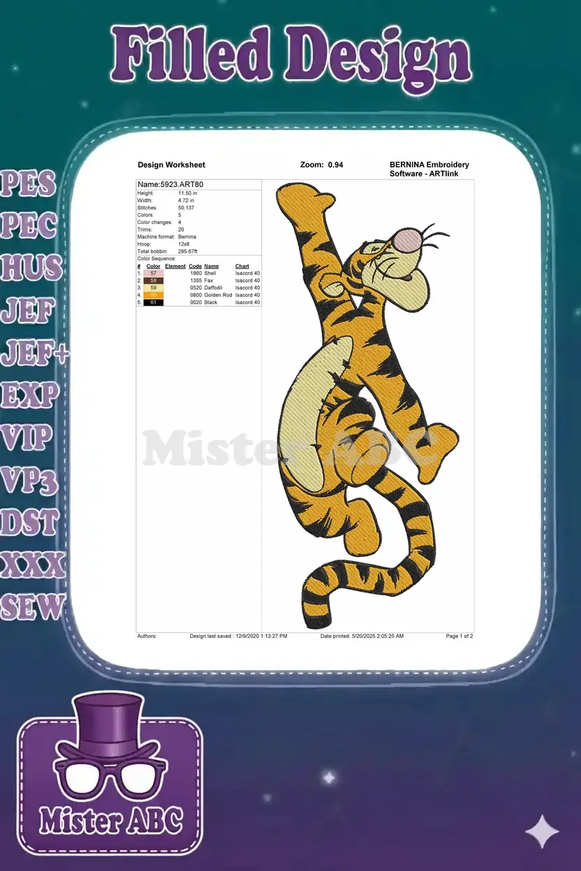Embroidery design worksheet for Tigger, detailing dimensions, stitch count, color sequence, and thread information.