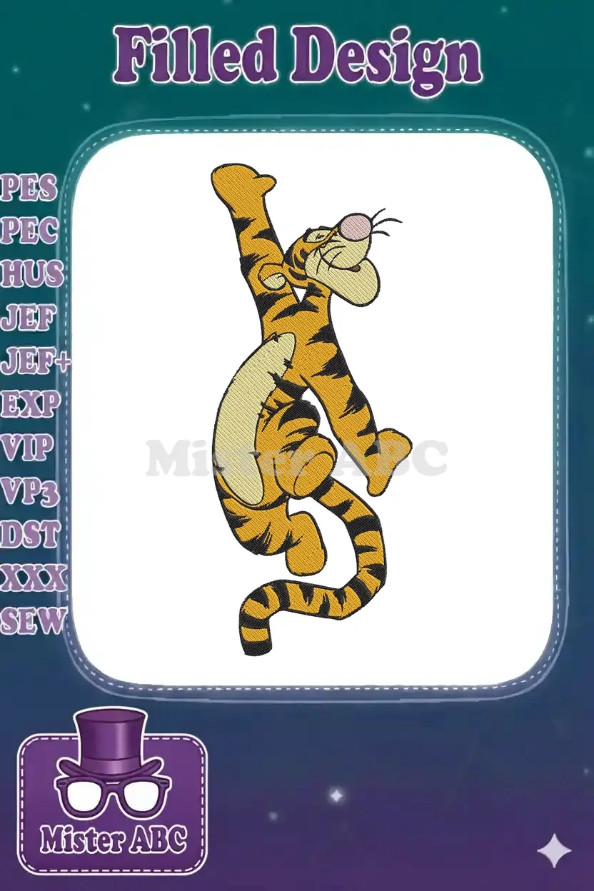 Vibrant Tigger embroidery design in a dynamic, bouncing pose, showcasing detailed orange, black, and cream stitching.