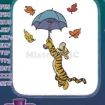Tigger floating with umbrella and autumn leaves embroidery designs - Instant Download
