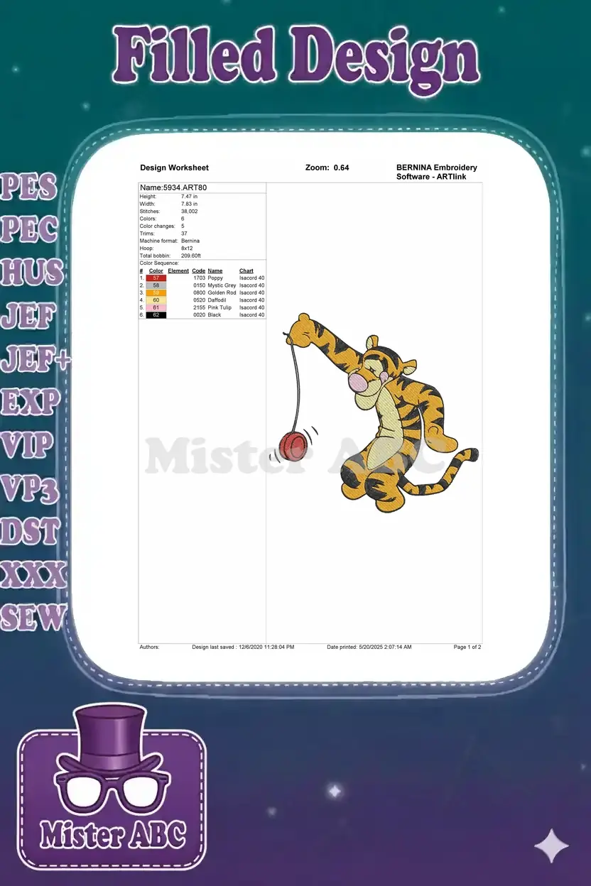 Embroidery design worksheet for Tigger with yo-yo, detailing stitch count, colors, and dimensions for Bernina machines.